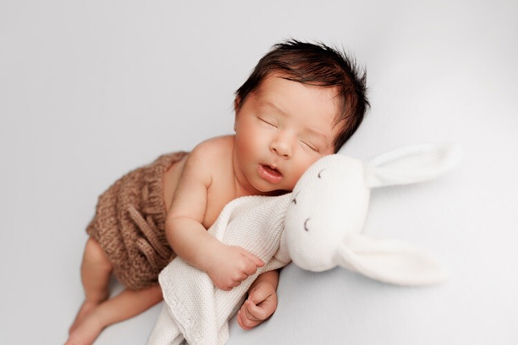 Newborn photography of a baby holding their favourite toy in a photoshoot.