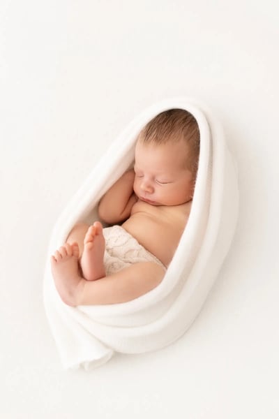 Newborn baby sleeping peacefully while swaddled in a soft white wrap, curled up on a white background during a professional baby photography session in Kent.
